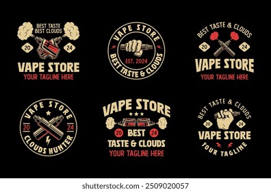 Vape shop vintage style logo set. Vaporizer smoke cloud logo vector collection. Electronic cigarette store badge bundle. E-cigarette vaping seller badge vector design template