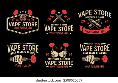 Vape shop vintage style logo set. Vaporizer smoke cloud logo vector collection. Electronic cigarette store badge bundle. E-cigarette vaping seller badge vector design template