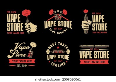 Vape shop vintage style logo set. Vaporizer smoke cloud logo vector collection. Electronic cigarette store badge bundle. E-cigarette vaping seller badge vector design template