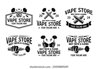 Vape shop vintage style logo set. Vaporizer smoke cloud logo vector collection. Electronic cigarette store badge bundle. E-cigarette vaping seller badge vector design template