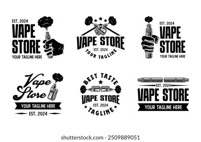 Vape shop vintage style logo set. Vaporizer smoke cloud logo vector collection. Electronic cigarette store badge bundle. E-cigarette vaping seller badge vector design template