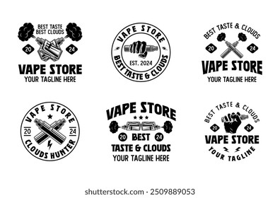 Vape shop vintage style logo set. Vaporizer smoke cloud logo vector collection. Electronic cigarette store badge bundle. E-cigarette vaping seller badge vector design template