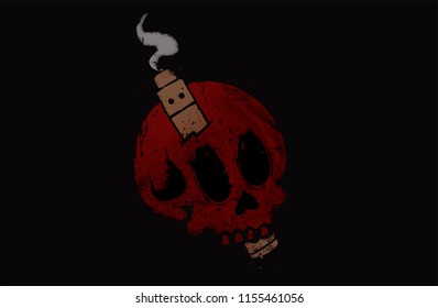 Vape skull e-cigarettes sticks out in the head. Skull on black background. T-shirt print. Vector illustration.