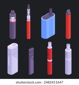 Vape smoke accessories. Isometric electronic cigarettes, digital vape pen and e-cigarette 3d vector illustration set. Vape cigarettes collection