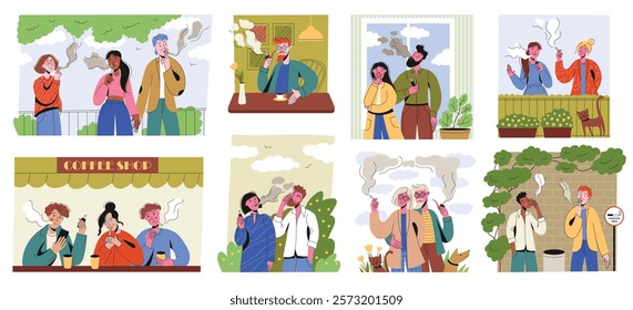 Vape smoker. Cartoon smoking man and woman vaping electronic cigarette, nicotine smoke addiction, tobacco addicted person with non-smoker. Vector smokers isolated set.