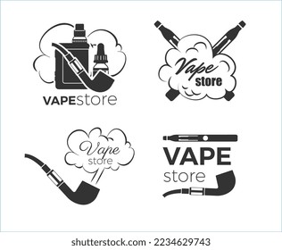 Vape store graphic black and white banners or emblems collection, doodle cartoon style vector illustration isolated on white background. Vape shop logo or badge set.