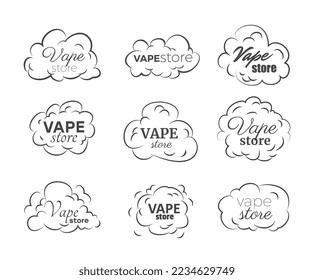 Vape store graphic black and white badges or emblems set in doodle cartoon style vector illustration isolated on white background. Vape shop logo hand drawn.