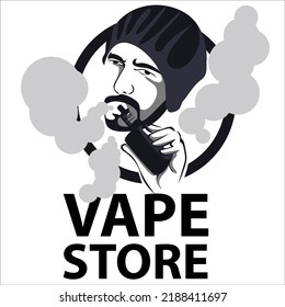 Logo-Designvorlage für Vape-Geschäfte mit Illustration eines Mannes, der eine E-Zigarette hält
