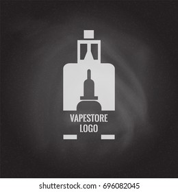 Vape store logo template design on the blackboard background. E-cigarette and e-liquid bottle stamp or T-shirt print. Stock vector