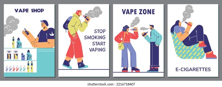 Vape y vaping proveen de banners publicitarios con caricaturas de personas de ilustración plana vectorial. Afiches promocionales de Vape shop para web y medios sociales.