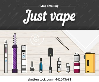 Vape vector illustration of vaporizer and accessories, vaping, flat style