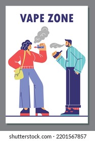 Vape zone advertising banner or poster design with cartoon people with vapor devices, flat vector illustration. Vape smoking area banner for web and social media.
