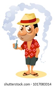 Vaper. Funny holiday maker smoking electronic cigarette. Cartoon styled vector illustration. Elements is grouped. On white background. No transparent objects.