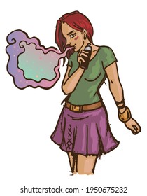 Vaper girl exhaling a cloud of colorful smoke