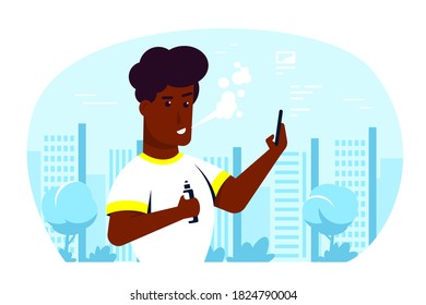 Vaping Activity Concept. African American Male Character Enjoying Vape Smoking Outdoors. Unhealthy Living, Hipster Lifestyle Concept Design Isolated on white background. Flat Style Banner 