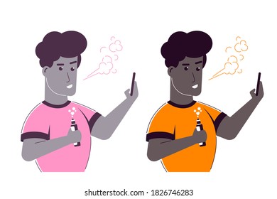 Concepto de Actividad Vaping. Personaje afroamericano masculino disfrutando del tabaco de vape aislado en fondo blanco. Un Concepto De Estilo De Vida Insaludable, Hipster. Banner de estilo plano 