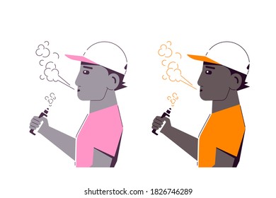Concepto de Actividad Vaping. Personaje afroamericano masculino disfrutando del tabaco de vape aislado en fondo blanco. Un Concepto De Estilo De Vida Insaludable, Hipster. Banner de estilo plano 