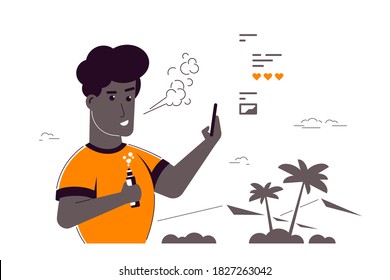 Concepto de Actividad Vaping. Personaje afroamericano masculino disfrutando de fumar Vape al aire libre. Insalubre, Hipster Diseño de Estilo de Vida Aislado sobre fondo blanco. Banner de estilo plano 