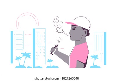 Concepto de Actividad Vaping. Personaje afroamericano masculino disfrutando de fumar Vape al aire libre. Insalubre, Hipster Diseño de Estilo de Vida Aislado sobre fondo blanco. Banner de estilo plano 