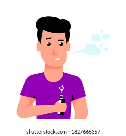 Vaping Activity Concept. Caucasian Male Character Enjoying Vape Smoking Isolated on white background. Unhealthy Living, Hipster Lifestyle Concept Design. Flat Style Banner 
