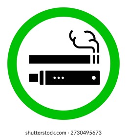 Ícone de sinal de vaporização permitida. Cigarro eletrônico com vapor dentro do círculo verde. Sinal de permissão para área de vaping ou zona designada. Aviso público para uso de cigarros eletrônicos. Regra da área de vaporização interior.