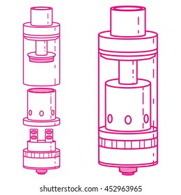 Vaping atomaizer. Vaporizer. Vaping clearomizer. Illustration of Electronic cigarette.Vape trend. Vapor e-cigarette vape cigarette, box mod, Mech Mod. Disassembled.