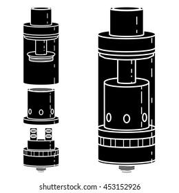Vaping atomaizer. Vaporizer. Vaping clearomizer. Illustration of Electronic cigarette.Vape trend. Vapor e-cigarette vape cigarette, box mod, Mech Mod. Disassembled.