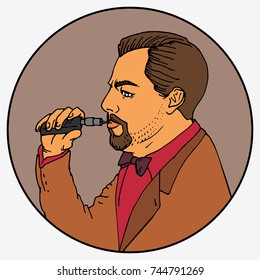 Vaping bearded man with an electronic cigarette. Hand drawn vector illustration