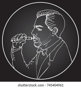 Vaping bearded man with an electronic cigarette. Hand drawn vector illustration. Chalk board drawing