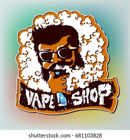 Vaping bearded man for t-shirts, prints, advertising, branding, etc., vector image
