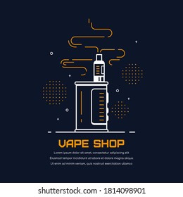 Vaping box device kit and mod. Vape shop badge design isolated on black background. Flat style outline vector illustration of electronic cigarette. Vape smoking concept.