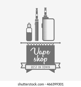 Vaping box mod and vapor cloud vector illustration isolated on white background. shop logo or symbol design concept. 