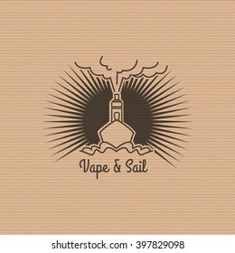 Vaping circle logo with ship and vaporiser on the cardboard background. Stock vector.
