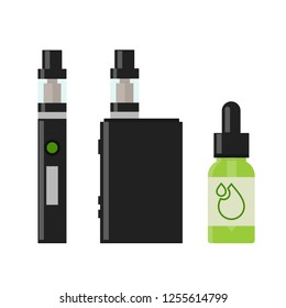 Vaping device and accessory. Electronic cigarette and bottles with vape liquid. e- liquid, e-juice. Isolated vector illustration on white background.