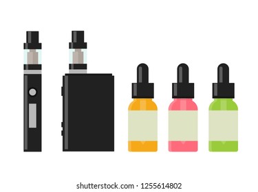 Vaping device and accessory. Electronic cigarette and bottles with vape liquid. e- liquid, e-juice. Mockup of Vape bottle with liquid. Isolated vector illustration on white background.