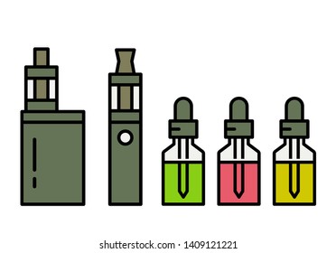 Vaping device and accessory. Electronic cigarette and bottles with vape liquid. e- liquid, e-juice. Mockup of Vape bottle with liquid. Isolated vector illustration on white background.