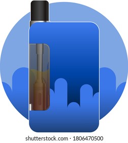 Vaping device and accessory. Electronic cigarette and bottles. Mockup of Vape bottle. Isolated vector illustration on blue background