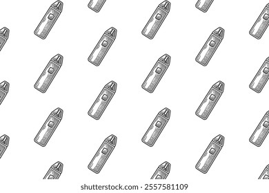 vaping device doodle seamless pattern on white background for decor, merchandise. atomizer vape engraving vector isolated pattern background. seamless pattern of electronic cigarette smoke background 