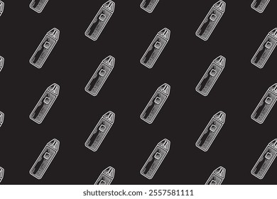 vaping device doodle seamless pattern on black background for decor, merchandise. atomizer vape engraving vector isolated pattern background. seamless pattern of electronic cigarette smoke background 