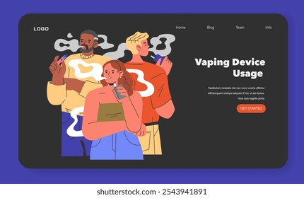 Vaping Device Usage concept. A website header showcasing diverse people using e-cigarettes with customizable interface elements. Health risks awareness. Vector illustration.