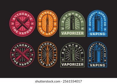 vaping device, vape pen, e cigarette, vapor, atomizer vape retro badge logo design collection for vaping product label, merchandise, decoration 