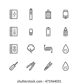 Vaping devices and accessories icon set in thin line style