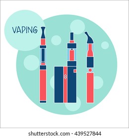 Vaping e-cigarette devices. Vector illustration of equipment for vaping, trendy subculture, in flat style. E-cig consists of battery, atomizer, liquid of different flavors.