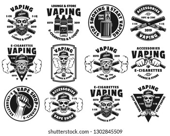 Cigarros y cigarrillos electrónicos de doce emblemas vectoriales, etiquetas, insignias o logos en estilo monocromo aislados en fondo blanco