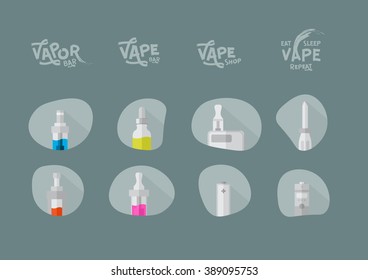 Vaping flat icons of vaporizer and accessories, vape