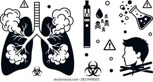 Vaping Health Hazard and E Cigarette Lung Injury Icon Set with Smoke Damage Toxic E Liquid Chemical Flask and Biohazard Symbols.eps