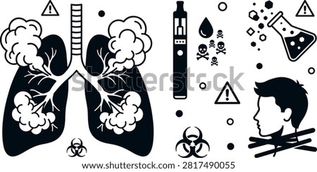 Vaping Health Hazard and E Cigarette Lung Injury Icon Set with Smoke Damage Toxic E Liquid Chemical Flask and Biohazard Symbols.eps