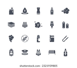 Vaping icons black set. Smoke and unhealthy lifestyle, bad habits. Template, layout and mock up. Propylene and microcoil, e cigarette. Linear flat vector collection isolated on white background