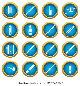 Vaping icons blue circle set isolated on white for digital marketing