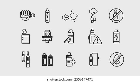 Vaping icons. Set of 15 vaping trendy minimal icons. Hand holding vape, vape pen, e-liquid bottle and person vaping icon. Design signs for web page, mobile app, packaging design. Vector illustration